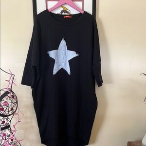 Oversized Billi Cotton Mix Black Dress with Silver Star. Short Sleeves XXL